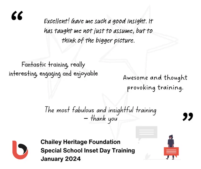 [ID: Black and red image with quotations including "The most fabulous and insightful training – thank you
Excellent! Gave me such a good insight. It has taught me not just to assume but to think of the bigger picture.
Fantastic training, really interesting, engaging and enjoyable
Awesome and thought provoking training."]