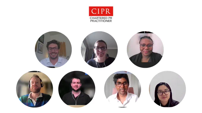 CIPR Chartered PR Practitioner logo at the top, with a grid of seven circular headshots showing the CIPR members who recently achieved their Chartered status.