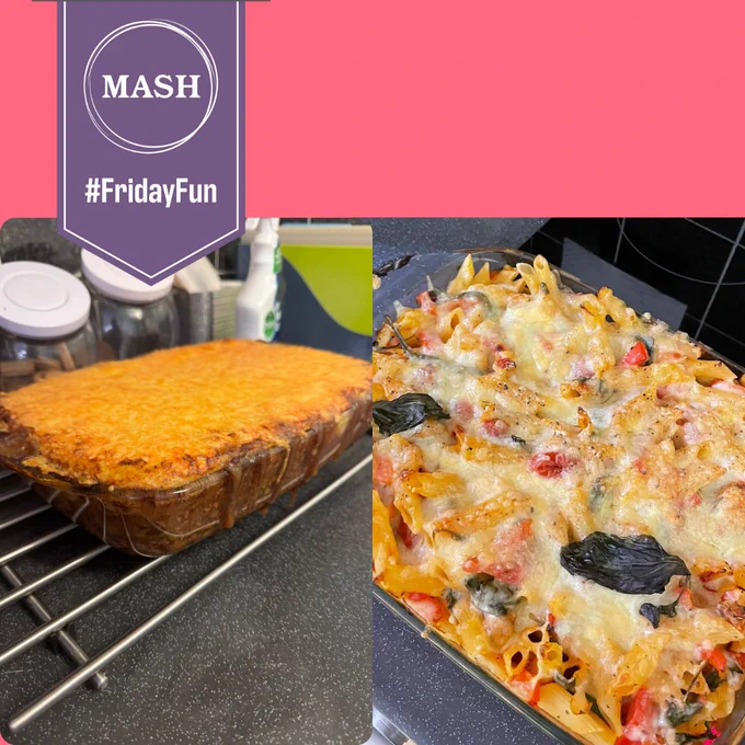 Purple banner top left with #FridayFun written below. Images below of a cottage pie and vegetable pasta bake in dishes.