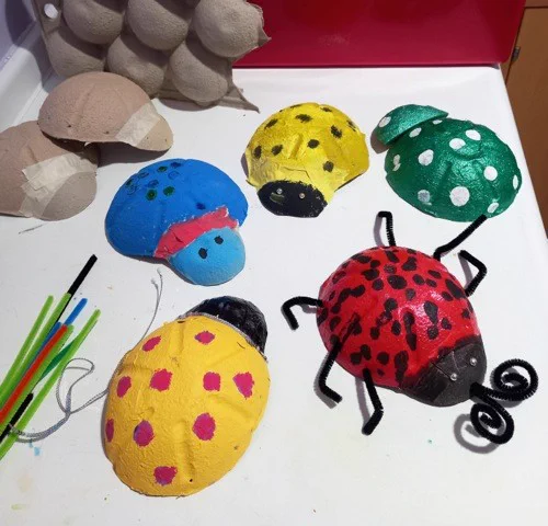 Painted card board made to look like colourful ladybirds