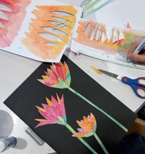 A collage painting of flowers