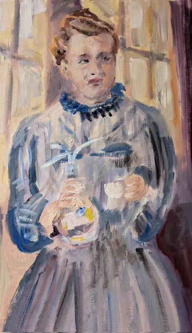 Painting of a woman in science based on Marie Curie oil on paper 