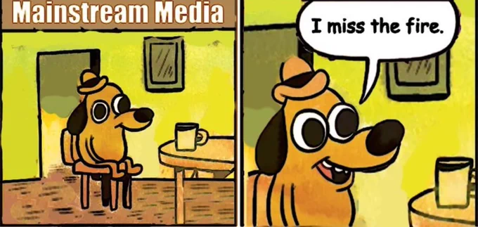 Mainstream media, a dog sits by the cup at a table. Next frame, he says I missed the fire. It’s the meme with the dog usually is in the middle of the fire saying this is fine.