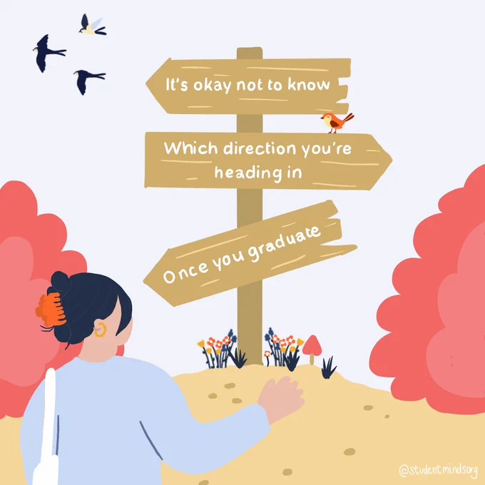 An illustration of someone looking at a sign post with different signs pointing in different directions. 

The text on the sign post reads: 'It's okay not to know which direction you're heading in once you graduate'
