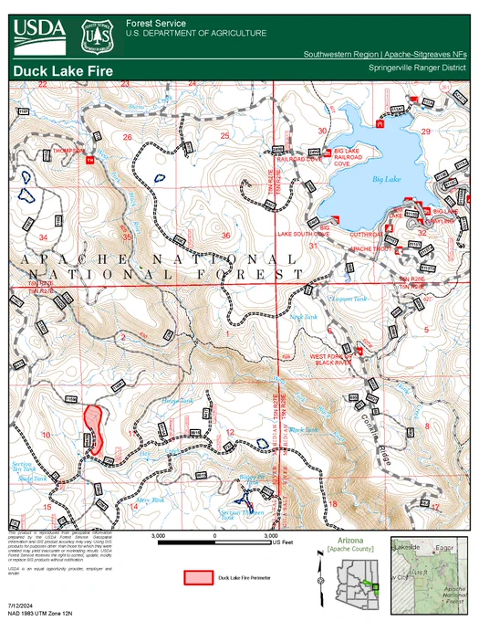 Apache-Sitgreaves National Forests
Forest Service News Release
 
Forest Public Affairs Specialist
Steve Johnson
https://www.fs.usda.gov/asnf

Duck Lake Fire Update – July 12, 2024
Springerville Ranger District