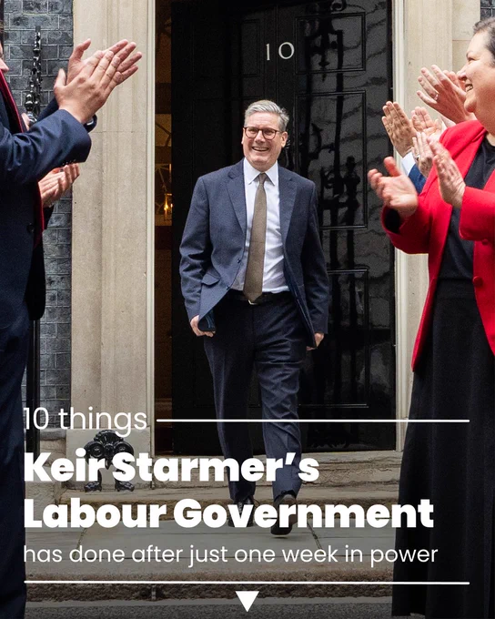 Photograph of Prime Minister Keir Starmer outside Number 10 Downing Street. Text reads: 10 things Keir Starmer’s Labour Government has done after just one week in power