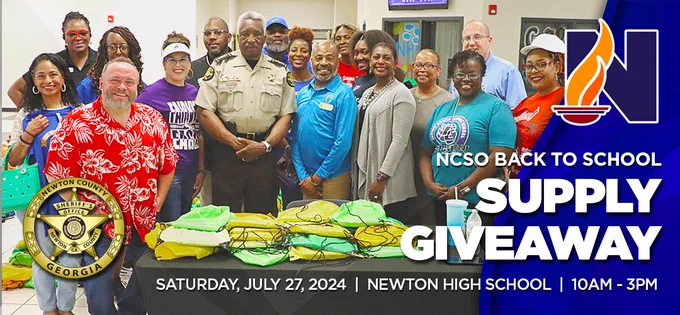 NCSO Back to School Supply Giveaway at Newton High School on Saturday, July 27 from 10 AM to 3 PM. 