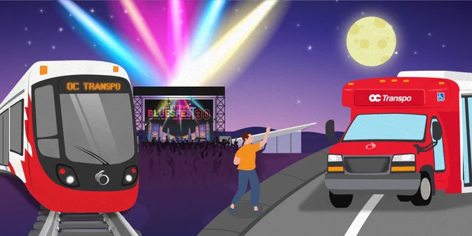 Para Transpo bus and O-Train in front of Ottawa Bluesfest stage. 