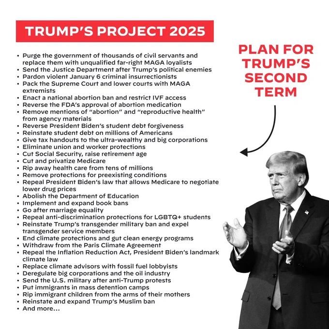 A graphic with a header that reads: Trump's Project 2025

The rest of the graphic has text that details Trump's plan for his second term.