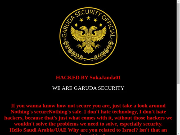 The image displays a black background with a large emblem featuring a golden double-headed eagle and the text "GARUDA SECURITY OFFICIAL" at the top; it also includes a message claiming a hacking incident by "SukaJanda01" and addresses security concerns associated with Saudi Arabia and the UAE in relation to Israel.