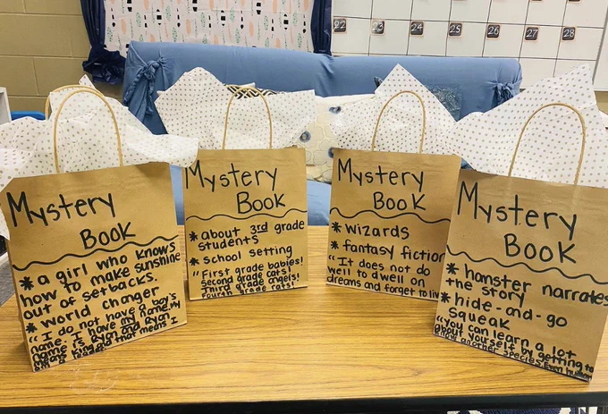 Four brown paper bags, with tissue paper peeking out of the tops, are arrayed on a table. Each one is labeled with the text "Mystery Book," along with a brief synopsis and a quote.