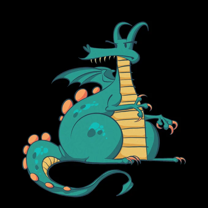 A cartoony green dragon with lighter and darker green spots, a yellow belly, and round, orange bumps on her spine. She's sitting and looking to the left with a cross expression.