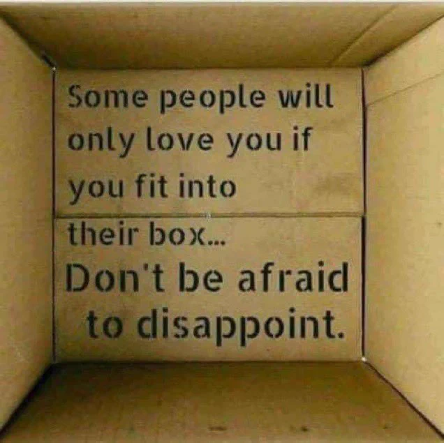 The image is of a box with the quote, “Some people will only love you if you fit into their box…Don’t be afraid to disappoint.”