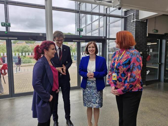 A photo of Bridget Phillipson, Louise Haigh and Tom Hunt meeting Angela Foulkes, Principal of Sheffield College.