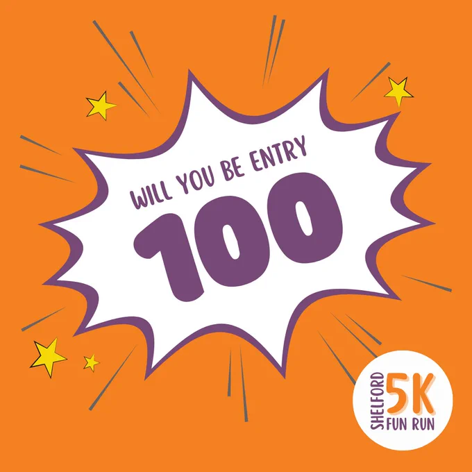 The number 100 in a cartoon style with the Shelford Fun Run logo in the bottom corner
