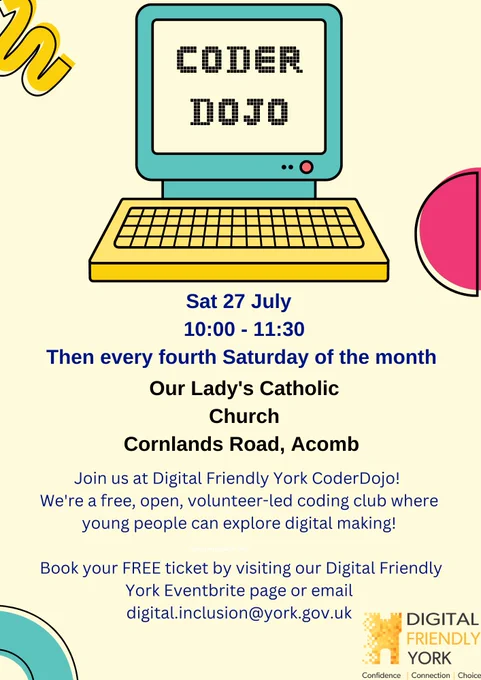 Picture of cartoon computer advertising Digital Friendly York CoderDojo club.