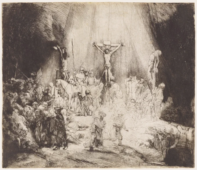 Engraving of a crowd gathered under Christ crucified between the two thieves