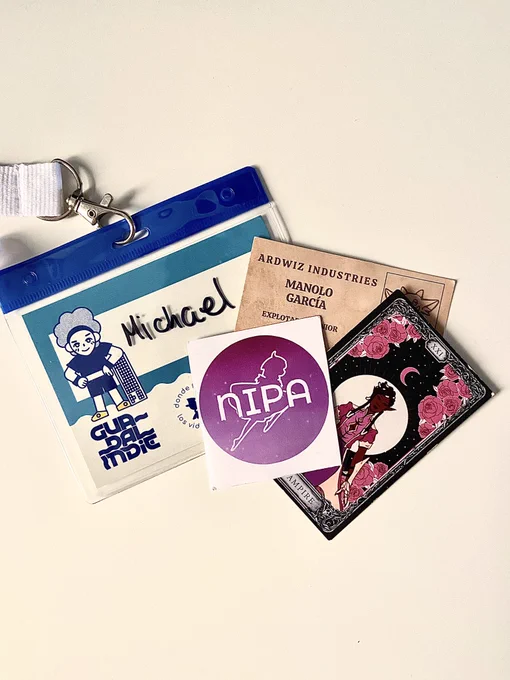 A picture showing stickers from Nipa, Aard and Wizz: rise of the minions and Sanguinaria videogames and also an id for Guadalindie 2024