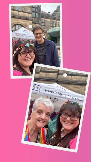 Pics of Chella with Kath Housley and Tom Hunt in front of the LGBT Sheffield stall in the Peace Gardens, Sheffield