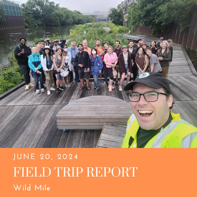 A group of individuals stands on a wooden boardwalk by a river, surrounded by greenery. In the foreground, a person wearing a high-visibility vest is partially visible, taking the photo. The text at the top reads “June 20, 2024 FIELD TRIP REPORT Wild Mile,” indicating the image documents an educational field trip to Wild Mile on that date.