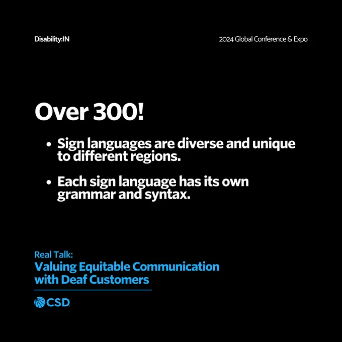 The text "Over 300!" is displayed prominently in white text on a black background. Below it, two bullet points highlight the diversity and uniqueness of sign languages are diverse and unique to different regions.

- Each sign language has its own grammar and syntax.

The bottom includes the text "Real Talk: Valuing Equitable Communication with Deaf Customers" and the CSD logo. The top left corner displays "Disability:IN" and the top right corner displays "2024 Global Conference & Expo."