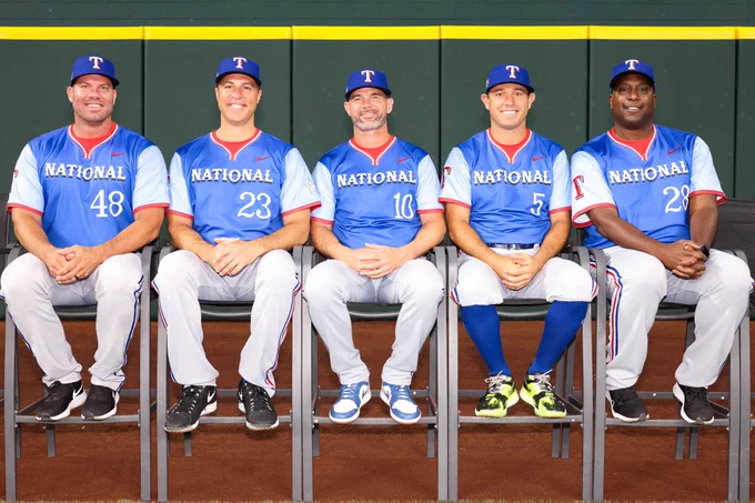 Former Rangers on the National League Futures Game Coaching Staff from Left to Right: Colby Lewis, Mark Teixeria, Michael Young , Ian Kinsler and Darren Oliver. 