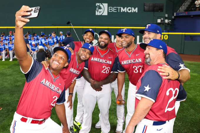 AL Futures Game manager Adrian Beltré with his coaching staff of former Rangers Francisco Cordero, Elvis Andrus, Prince Fielder, Derek Holland, Nelson Cruz and Mitch Moreland. 