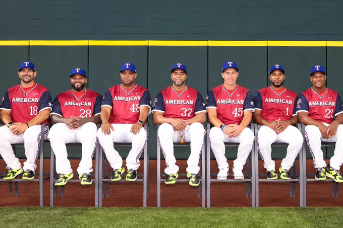 Fromer Rangers on the American League Futures Game Coaching staff from Left to Right: Mitch Moreland, Prince Fielder, Francisco Cordero, Nelson Cruz, Derek Holland, Elvis Andrus and Adrian Beltré. 