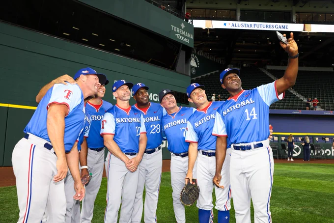 Former Rangers on the NL Futures Game coaching staff: Colby Lewis, Michael Young, Darren Oliver, Ian Kinsler and Gary Matthews Jr. 