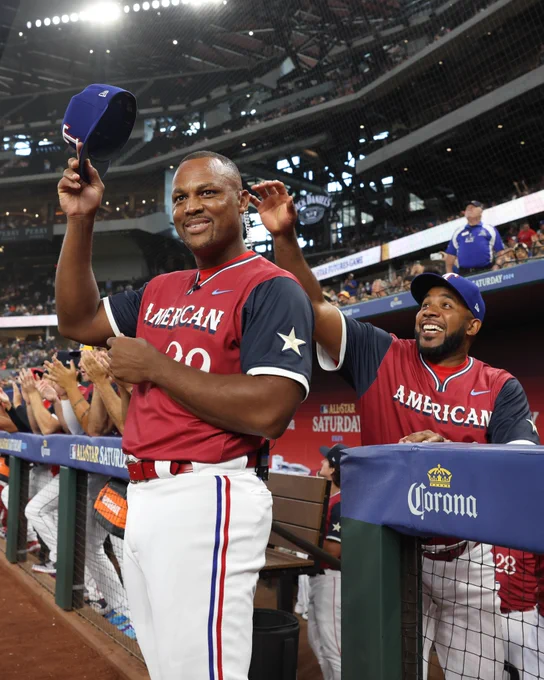 Elvis Andrus daring to touch Adrian Beltré's head at the 2024 Futures Game in Arlington, TX. 