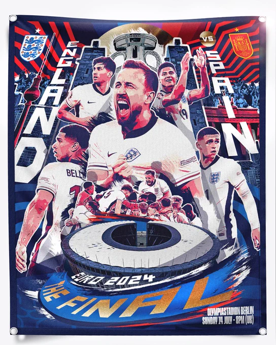 Artwork for the EURO 2024 final, featuring John Stones, Harry Kane, Ollie Watkins, Jude Bellingham and Phil Foden.