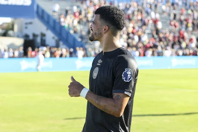 Dominic Solanke thanking the crowd for their support at Harder Stadium. 