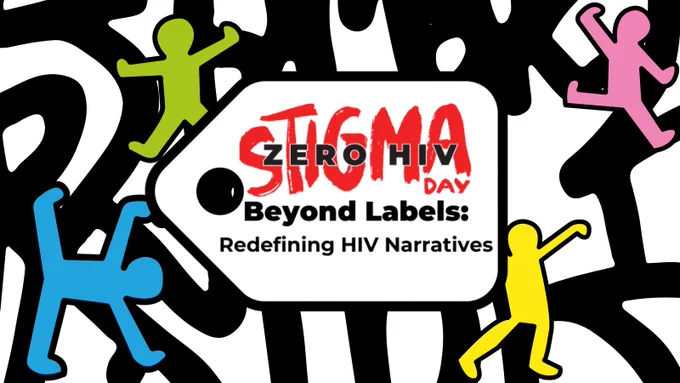 A title card with four cartoon figures and what looks like a label saying Zero HIV Stigma Day.