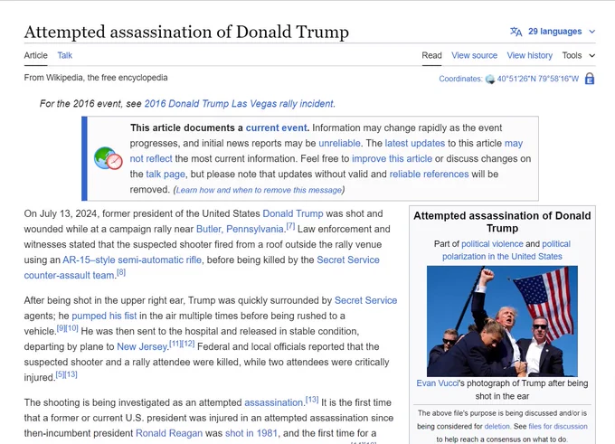 Screenshot of the Wikipedia article "Attempted assassination of Donald Trump" as it appeared at 1:36 a.m. July 14, 2024.