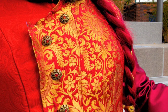 Close-up of a person wearing a red and gold brocade jacket with ornate button details.