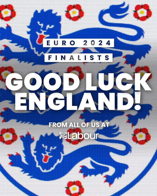 An image of an England football shirt badge with text reading 'Euro 2024 finalists. Good luck England! From all of us at Labour'.
