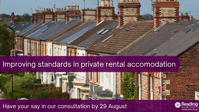 Row of terraced red brick houses. Text reads: Improving standards in private rental accommodation. Have your say in our consultation by 29 August.