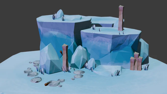 A peaceful couple ice blocks, with small rocks and grass scattered about.
