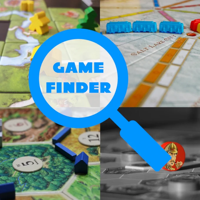 Image shows some board games with the caption "Game Finder"