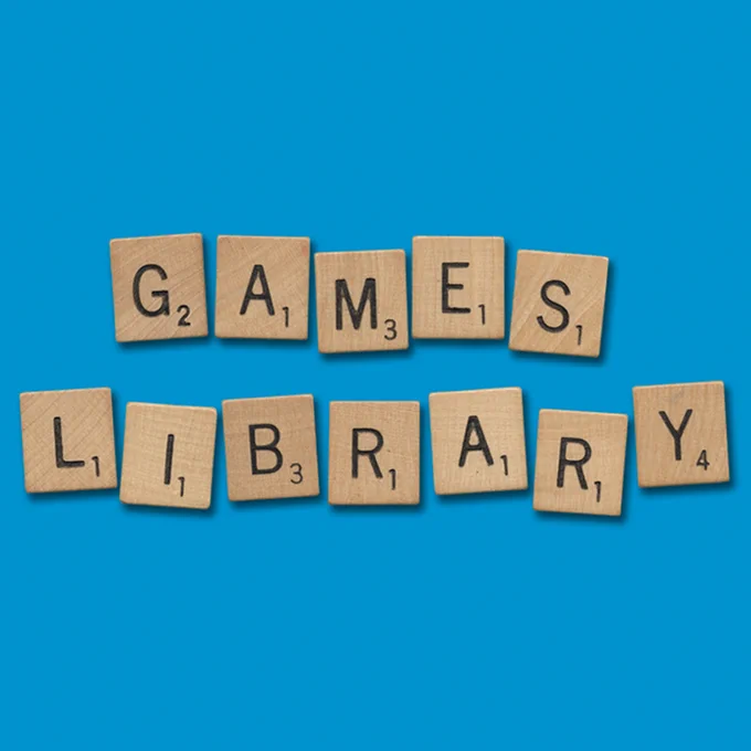 Image shows Scrabble tiles spelling out the phrase "Games Library"