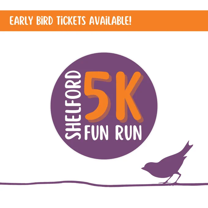 Graphic image with Shelford Fun Run logo in the centre, a silhouette of a small bird with text saying 'early bird tickets available'.