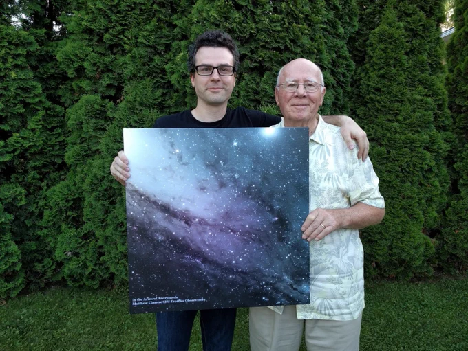 My grandfather and I with a print of the Andromeda Galaxy I took at the SFU Trottier Observatory. This is the first object I have a clear memory of my grandfather showing me in the sky