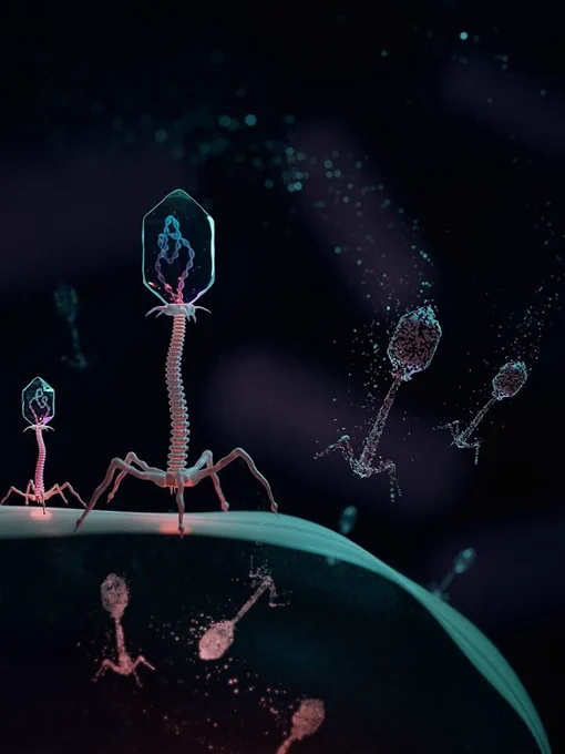 A bacterial virus inserting genetic material inside a bacterial cell during infection.
Image courtesy of Behnoush Hajian.