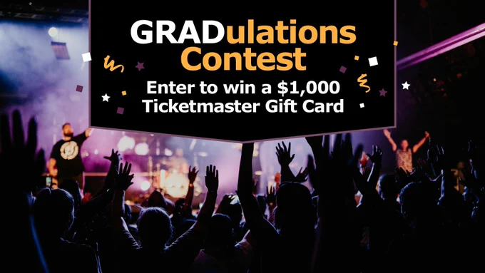 A crowd at a concert with a band on stage. Text "Gradulations contest. Enter to win a $1,000 Ticketmaster gift card."