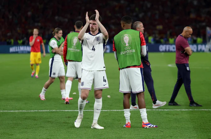 Declan Rice applauds the England fans after the game.
