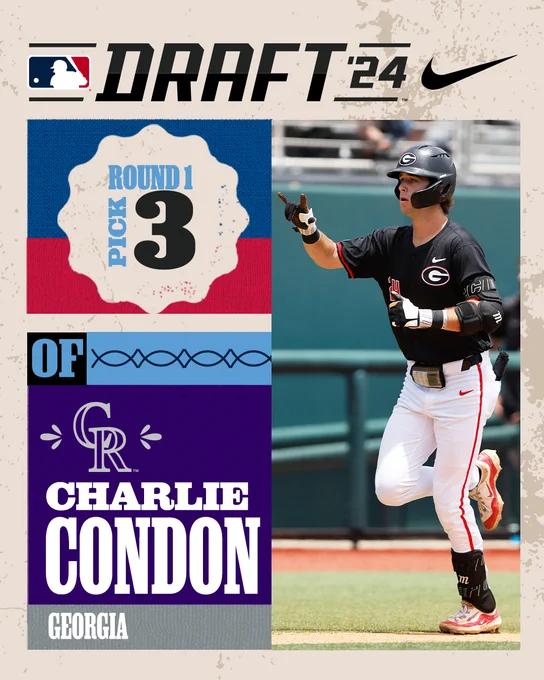 MLB Draft '24 presented by Nike
Round 1, Pick 3: Colorado Rockies
OF Charlie Condon - Georgia