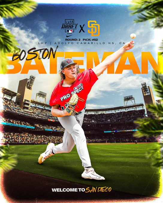 2024 MLB Draft Graphic for Boston Bateman. The background is a blue sky with white clouds and palm trees over a packed Petco Park. There is a photo of Boston throwing a baseball. He is wearing a red USA Prospect baseball uniform. Large brown and gold text behind the photo of him reads “Boston Bateman”. Above the photo of Boston, in the top center of the graphic is the MLB Draft logo and the gold SD logo with an “x” in between them. Below that, smaller brown text reads the round and pick number: Round 2, Pick 52. Below that, small brown text reads his position and school: LHP | Adolfo Camarillo HS, CA. In the bottom center of the graphic is white and gold text that reads “Welcome to San Diego”.