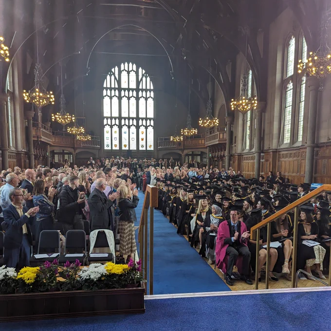 A view of Whitworth Hall from the stage during a graduation ceremony 