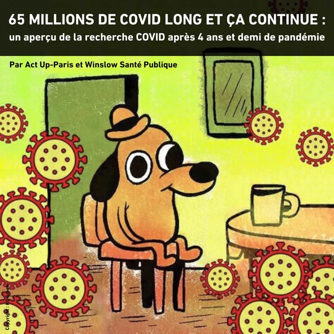 Texte de l'image : 65 MILLIONS DE COVID LONG ET ÇA CONTINUE : un aperçu de la recherche COVID après 4 ans et demi de pandémie. Par Act Up-Paris et Winslow Santé Publique.

Contenu de l'image : illustration adaptée du célèbre cartoon de l'artiste KC Green représentant un chien assis sur une chaise l'air hagard devant sa tasse de thé. Il est ici entouré de virus qui flottent dans l'air.
