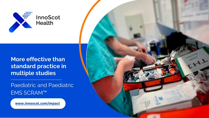 Two NHS Scotland healthcare staff pictured stalking a Paediatric SCRAM™ Bag, alongside the text - "More effective than standard practice in multiple studies. Paediatric and Paediatric EMS SCRAM™"